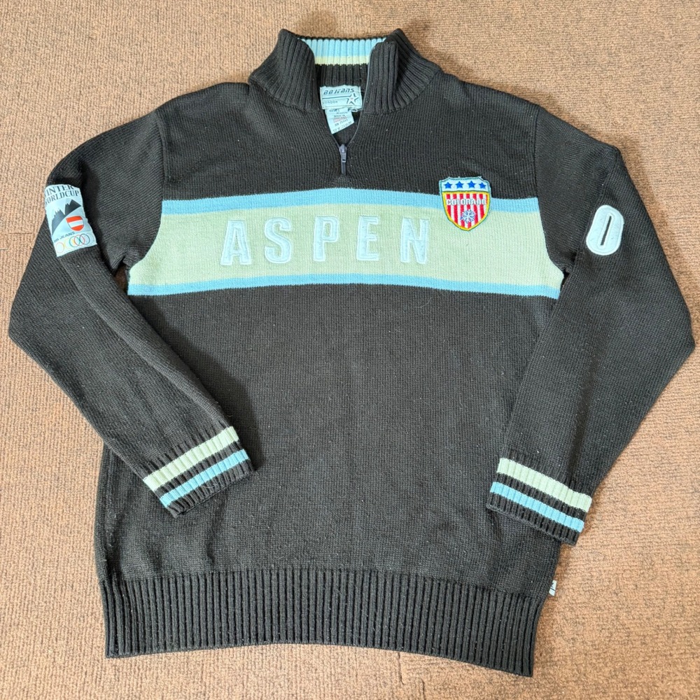 BB Jeans London Aspen Colorado Ski Sweater Mens Large Brown Quarter Zip Vintage